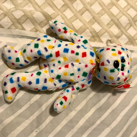 Rare Tag Errors Ty 2K Beanie Baby Bear White Confetti - Red Yellow Blue Green